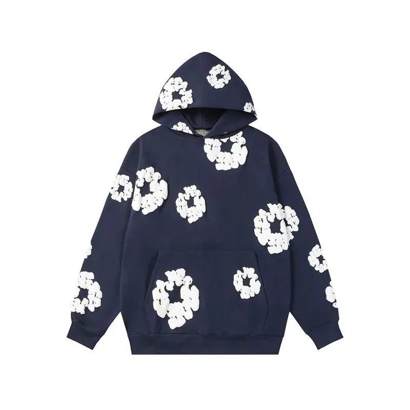 Unisex Navy Blue with White Floral Print Hoodie