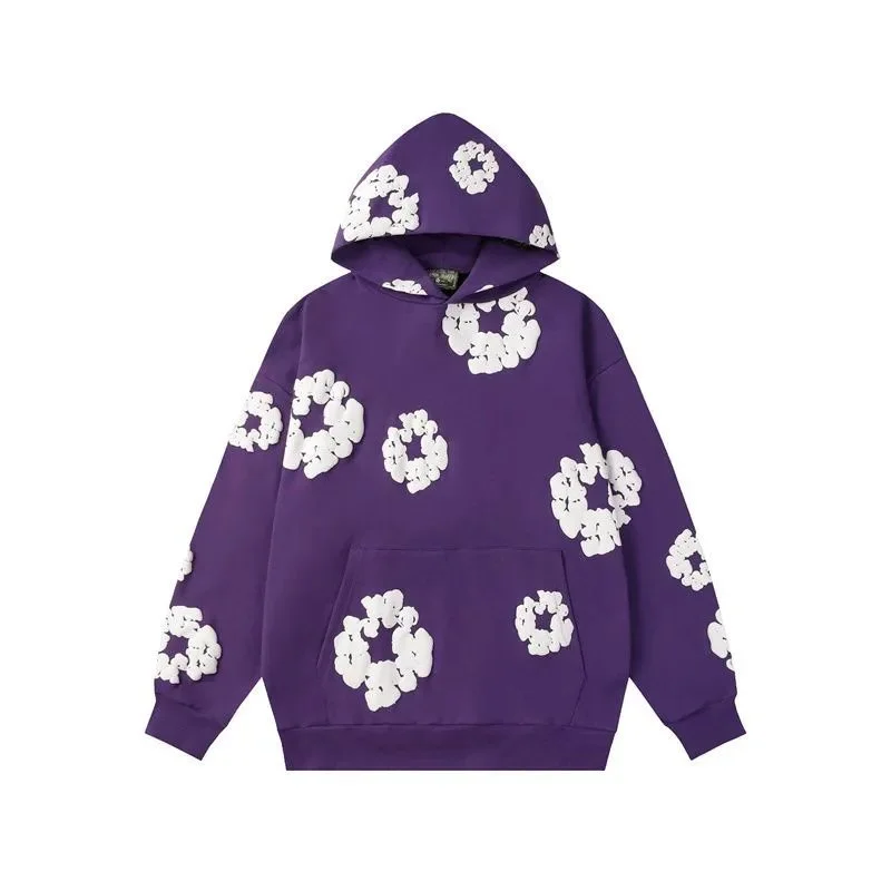 Purple White Flower Print Hoodie