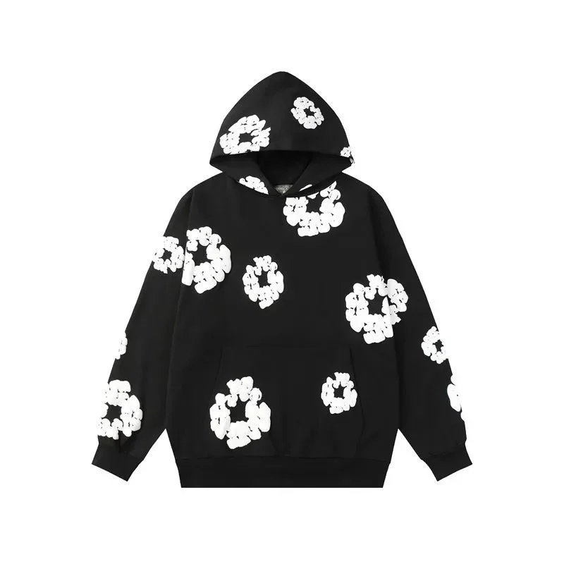 Black White Floral Print Hoodie