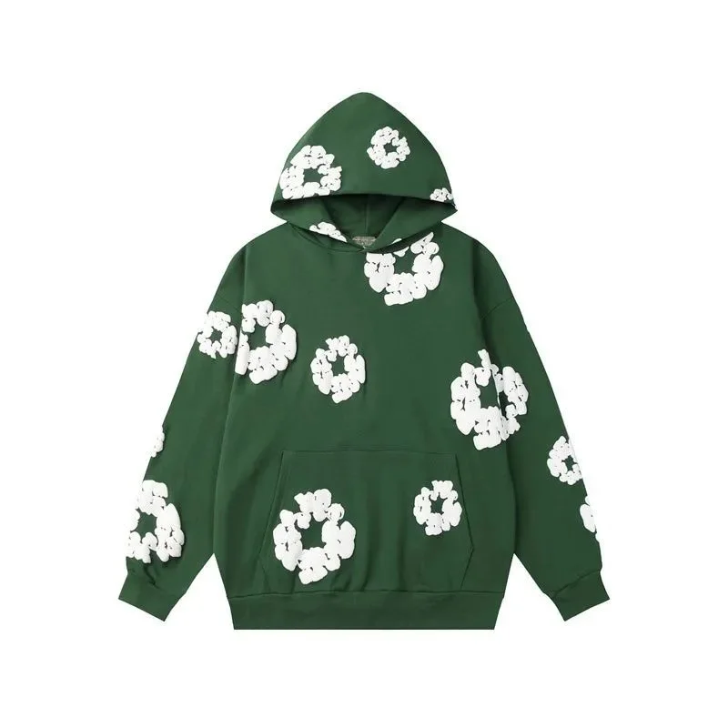 Green White Floral Print Hoodie