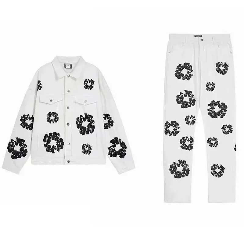 White Floral Print Denim Set