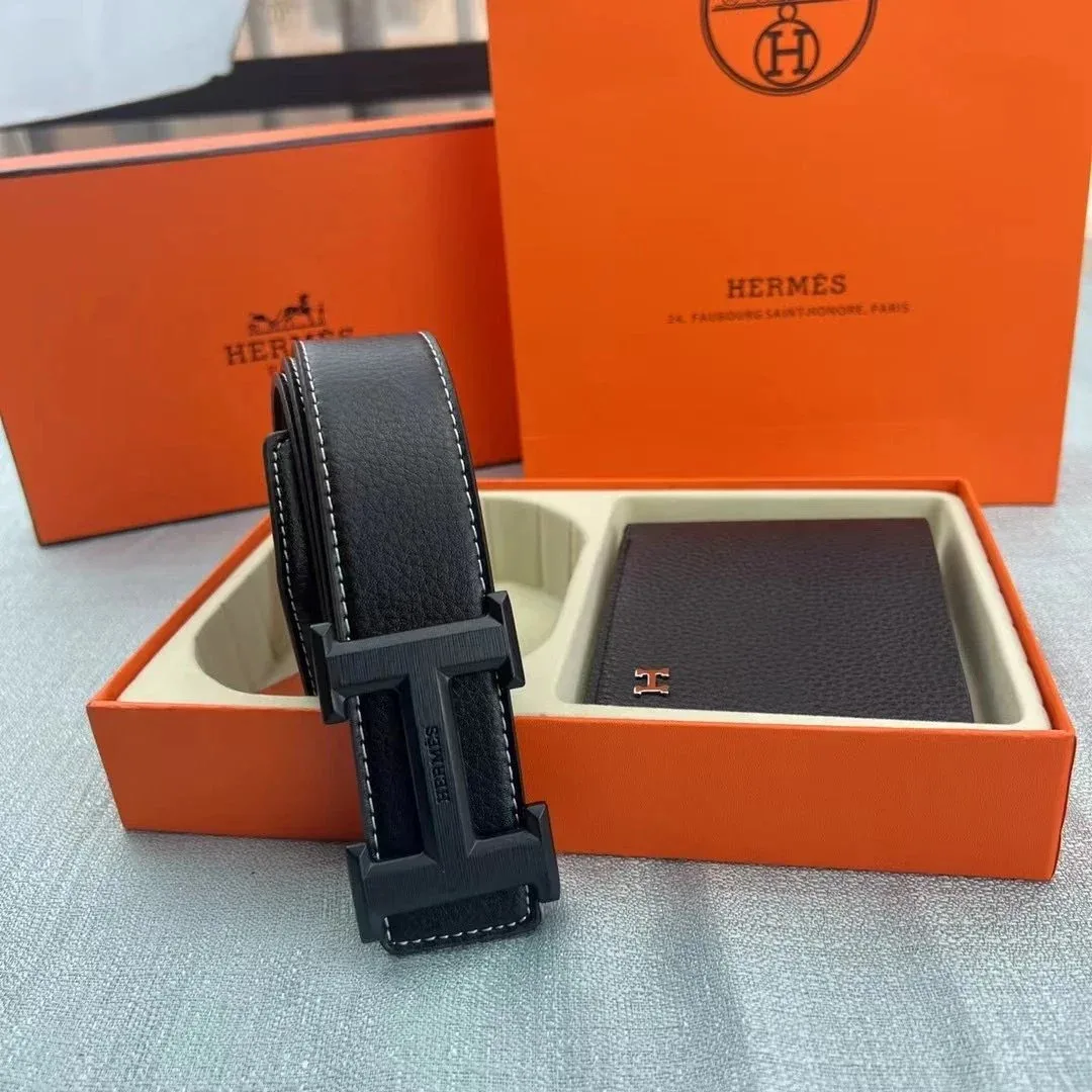 Hermès Black H Buckle Belt & Wallet Set