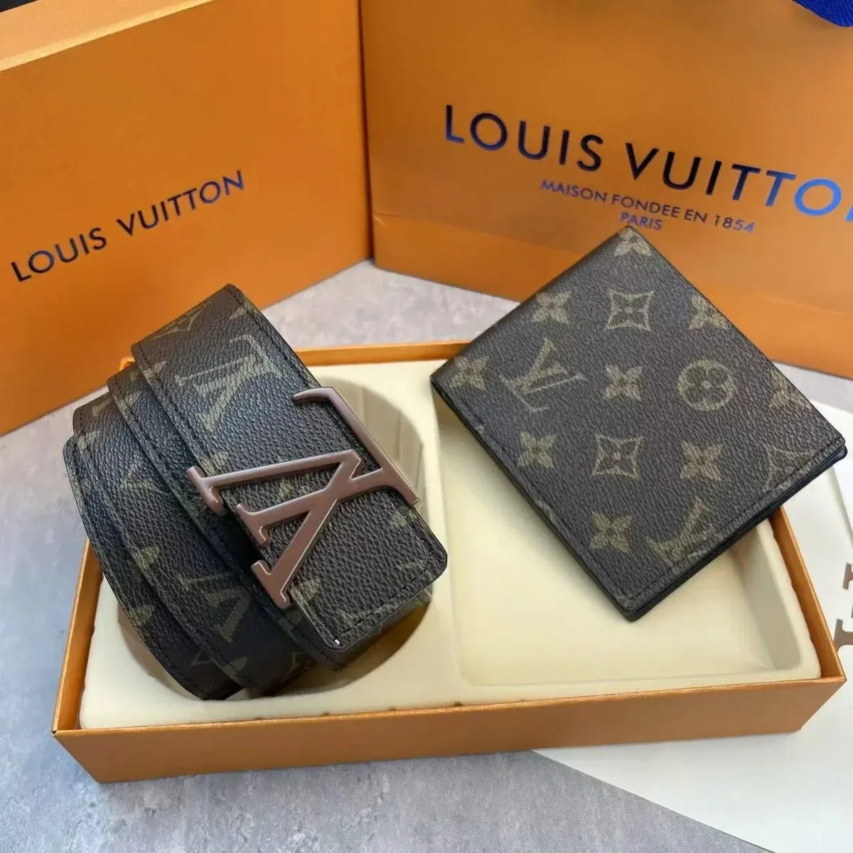 Louis Vuitton Monogram Belt & Wallet Set Brown