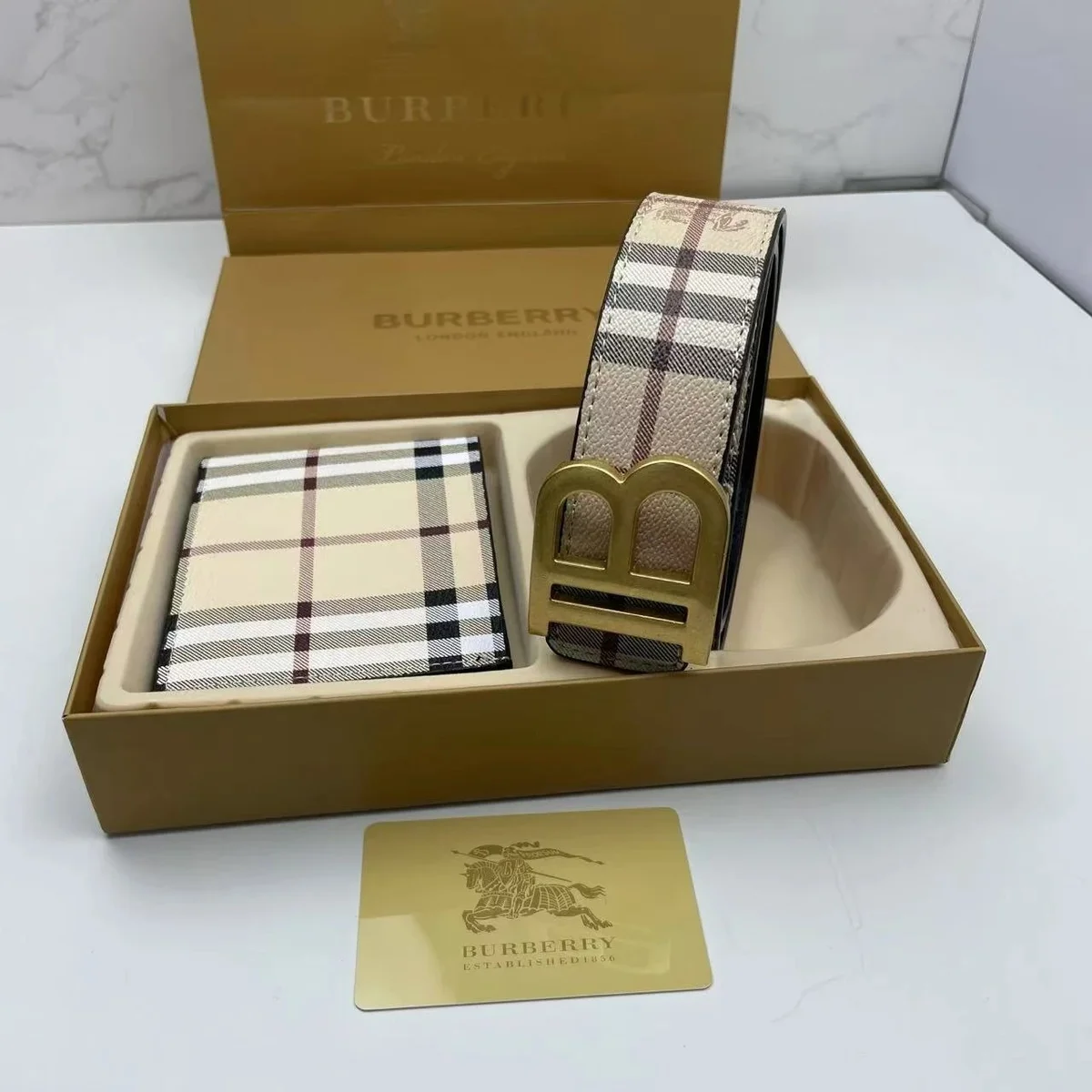 Burberry Check Belt & Wallet Set in Beige