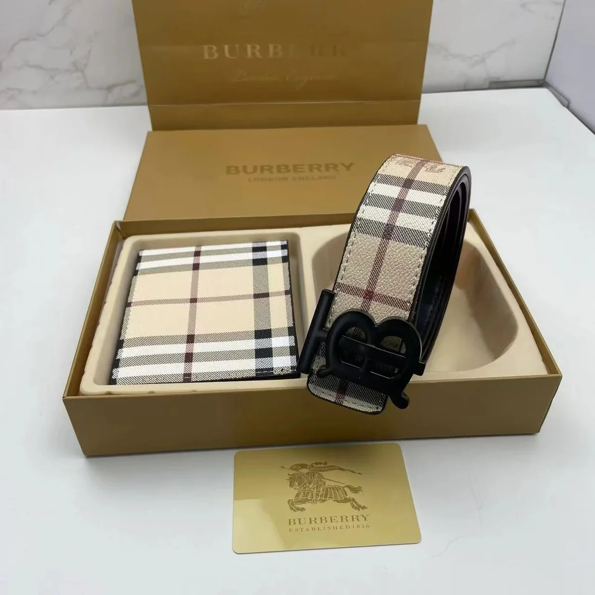 Burberry Check Belt & Wallet Set in Beige