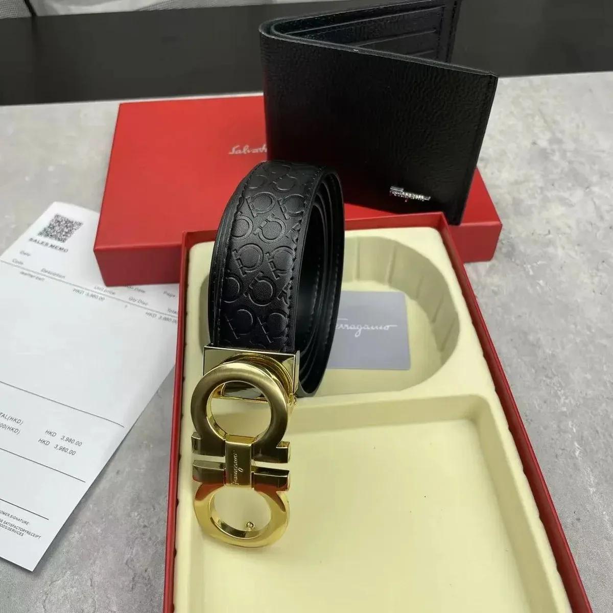 Salvatore Ferragamo Gancini Belt & Wallet Set Black