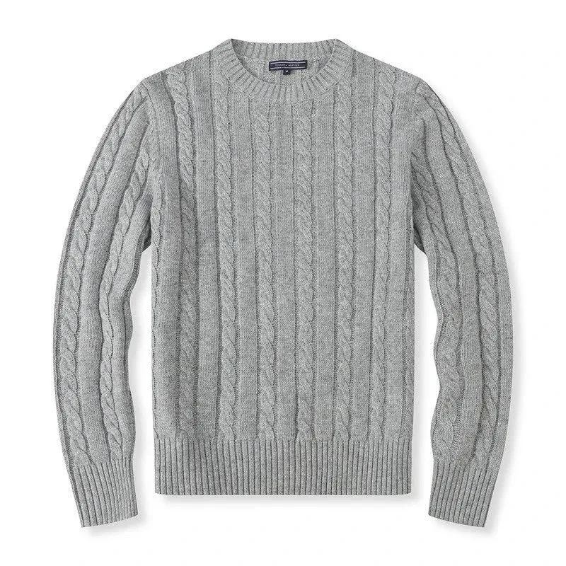 Gray Cable Knit Crew Neck Sweater