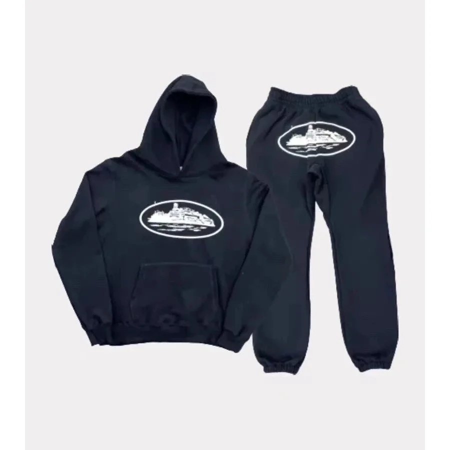 Black Hoodie & Sweatpants Set with White Ship Print
