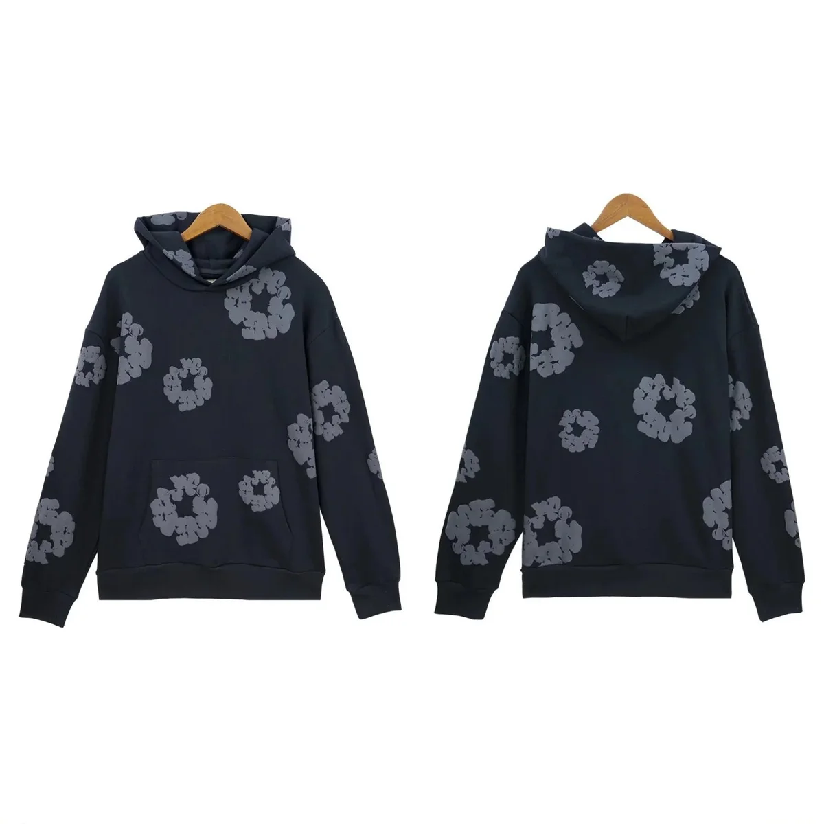 Unisex Hoodie with Floral Print in Black/Grey