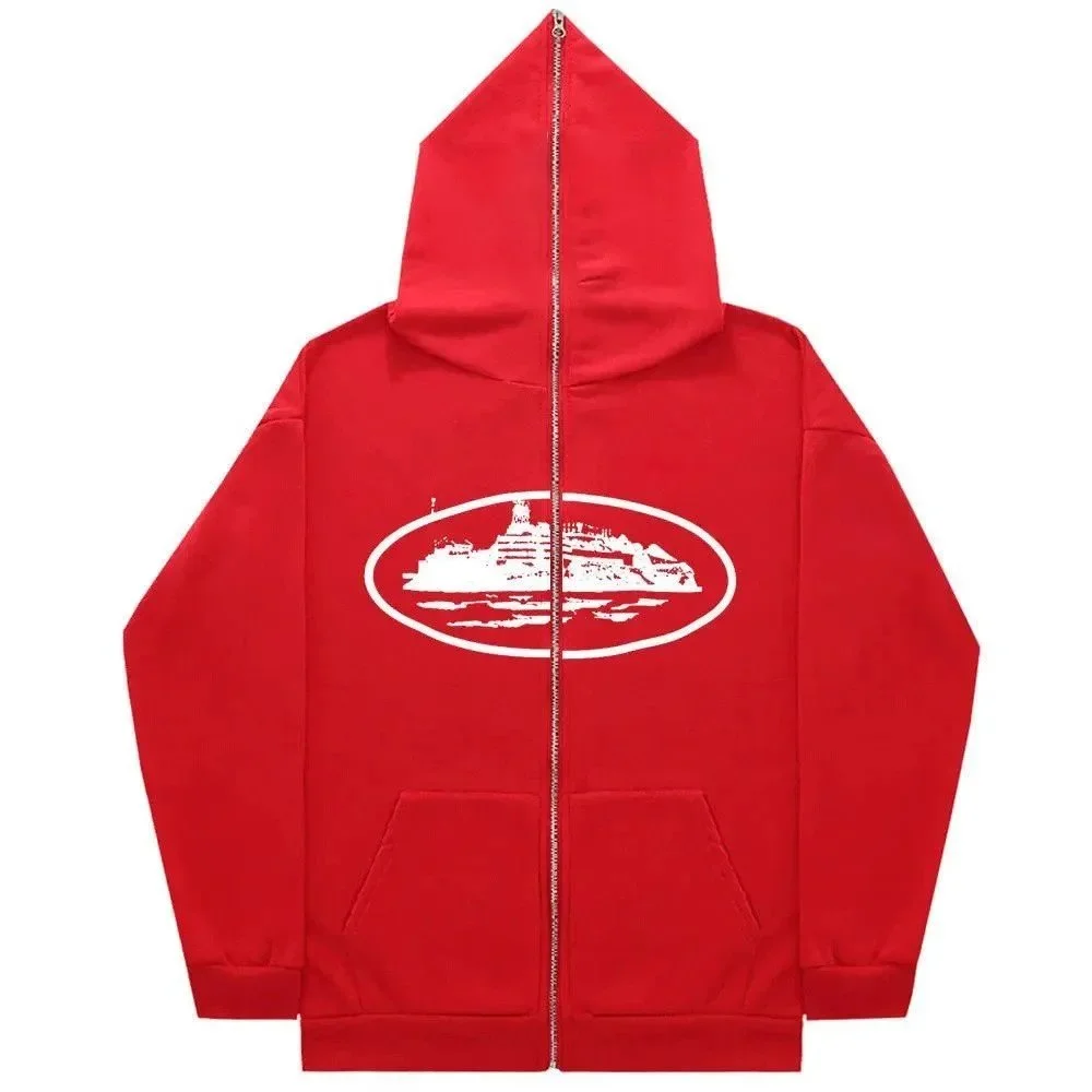 Red Zip-Up Hoodie with Oval Graphic Hoodie