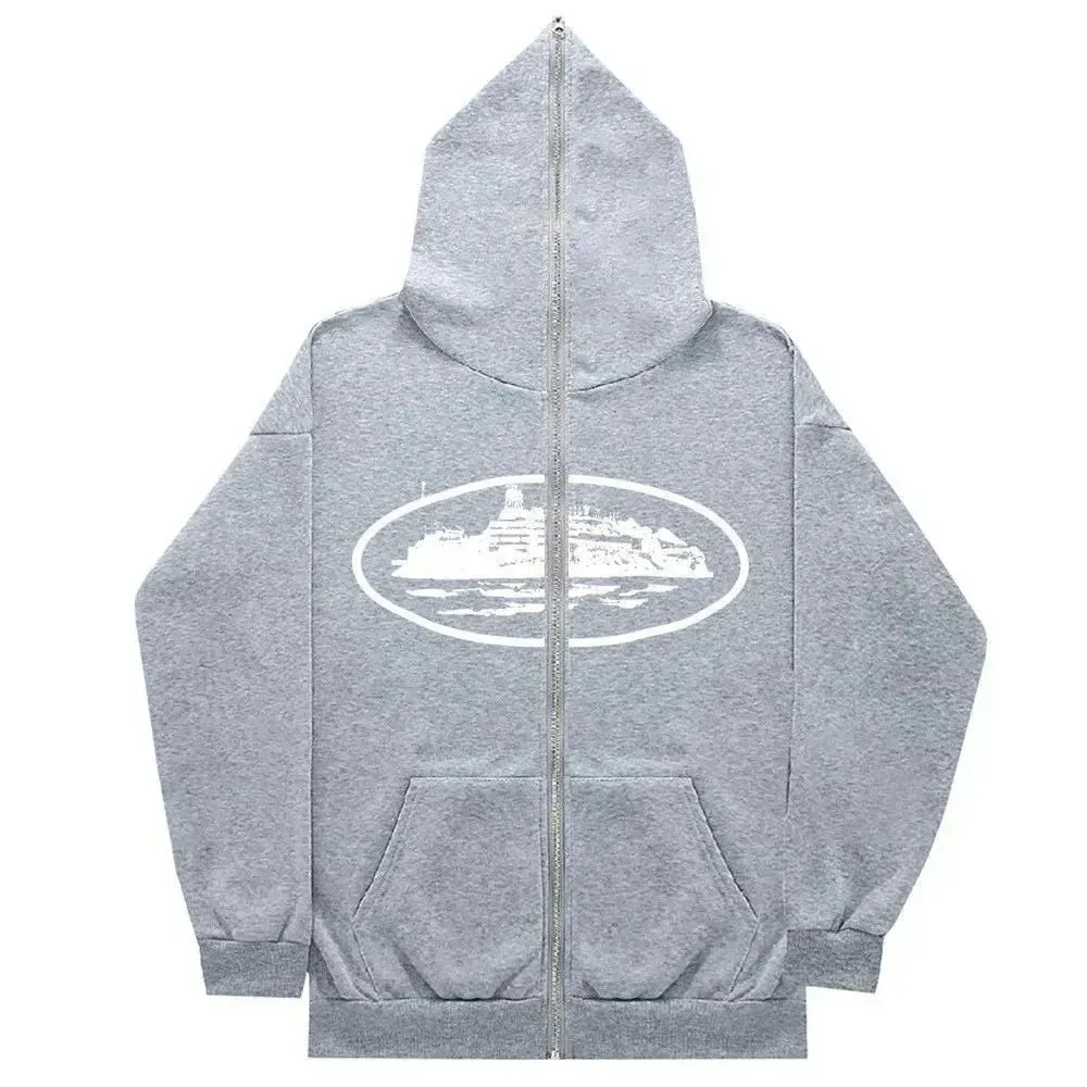 Unisex Grey Zip-Up Hoodie with White Graphic