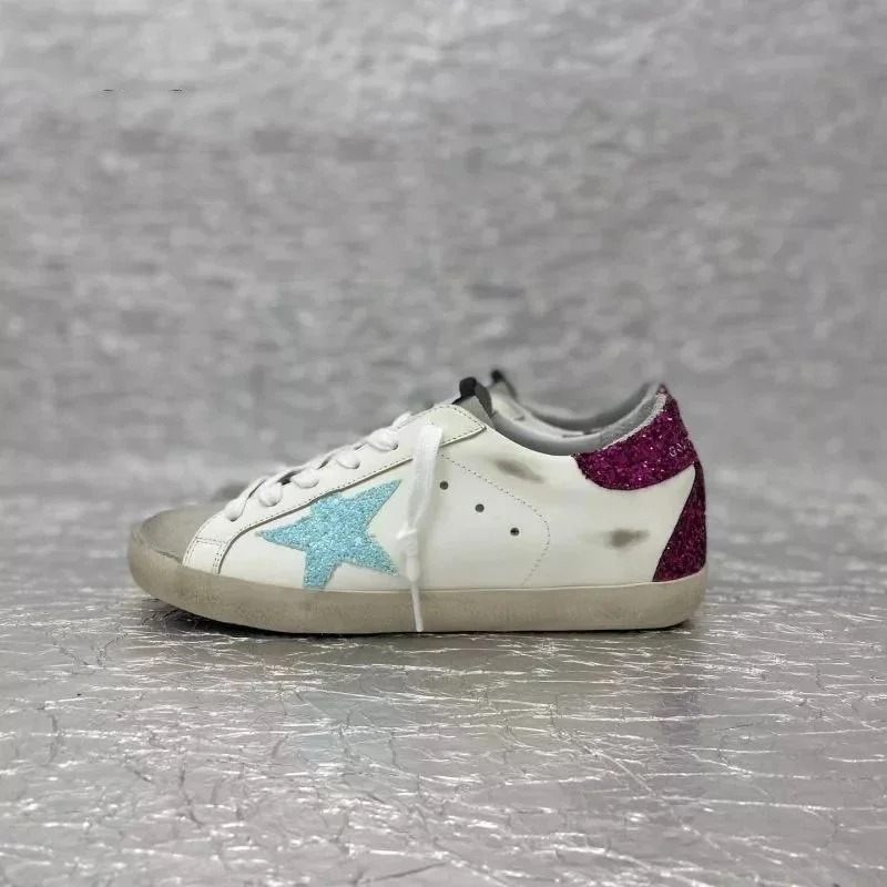 Golden Goose Super-Star White with Blue & Pink Glitter Sneakers