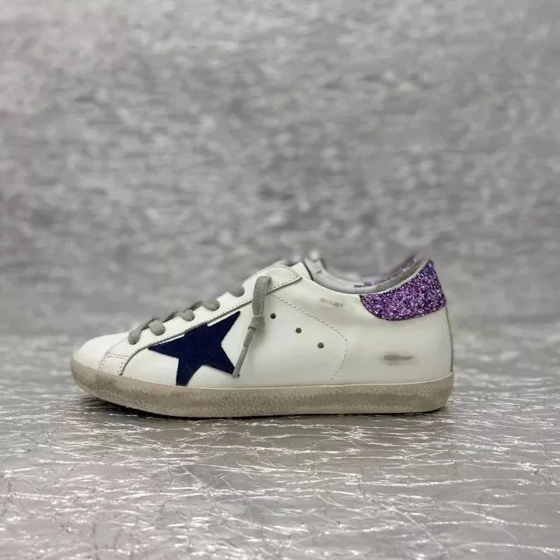 White Leather Star Sneakers with Purple Glitter Heel