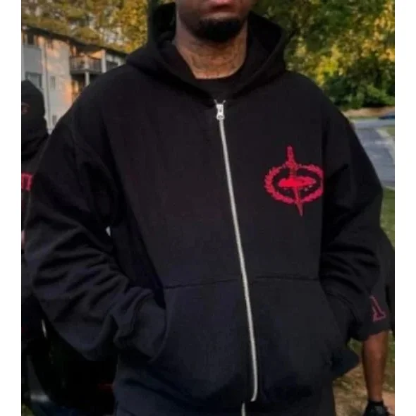 Black Red Logo Zip-Up Hoodie