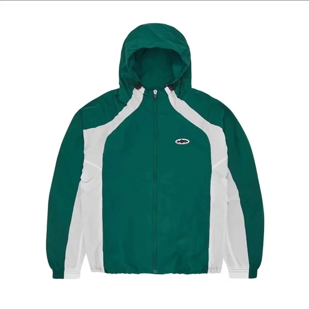 Green & White Colorblock Windbreaker Jacket