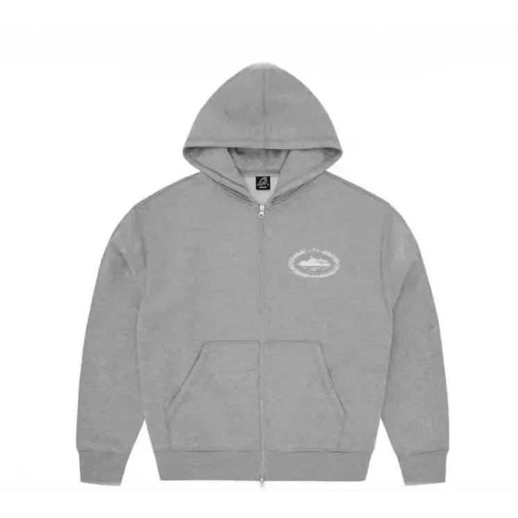 Unisex Grey Zip-Up Hoodie with Embroidered Logo