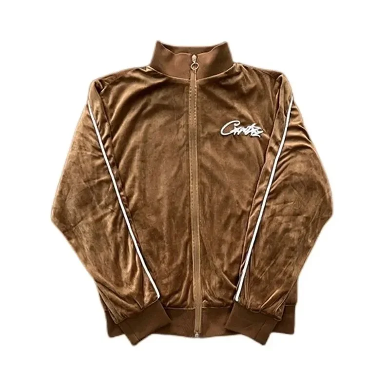 Velvet Track Jacket with Contrast Stripes in Brown