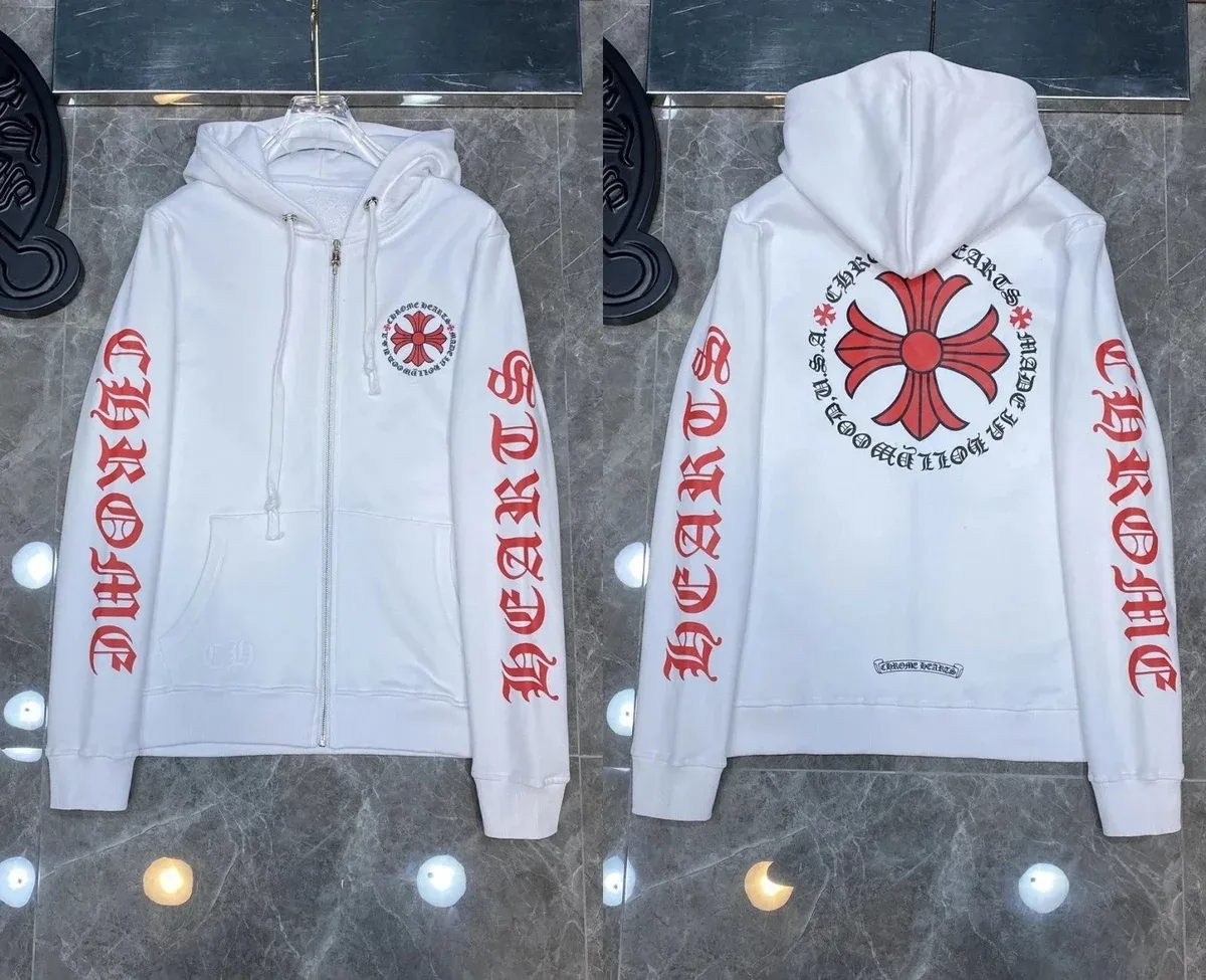 Chrome Hearts White Red Cross Zip-Up Hoodie