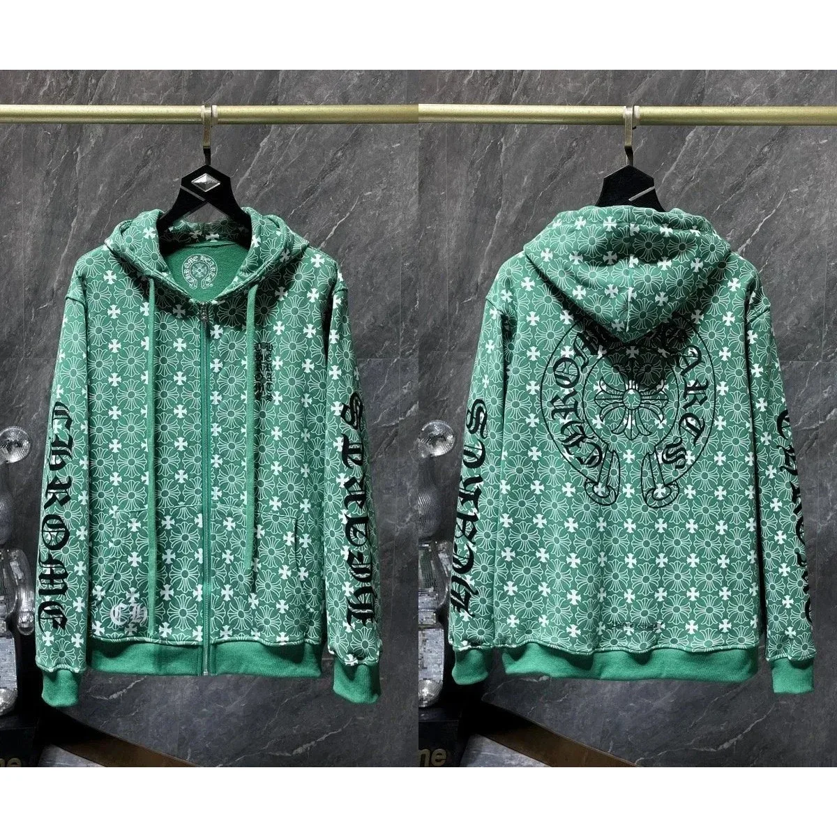Chrome Hearts CH Cross Green Floral Zip-Up Hoodie