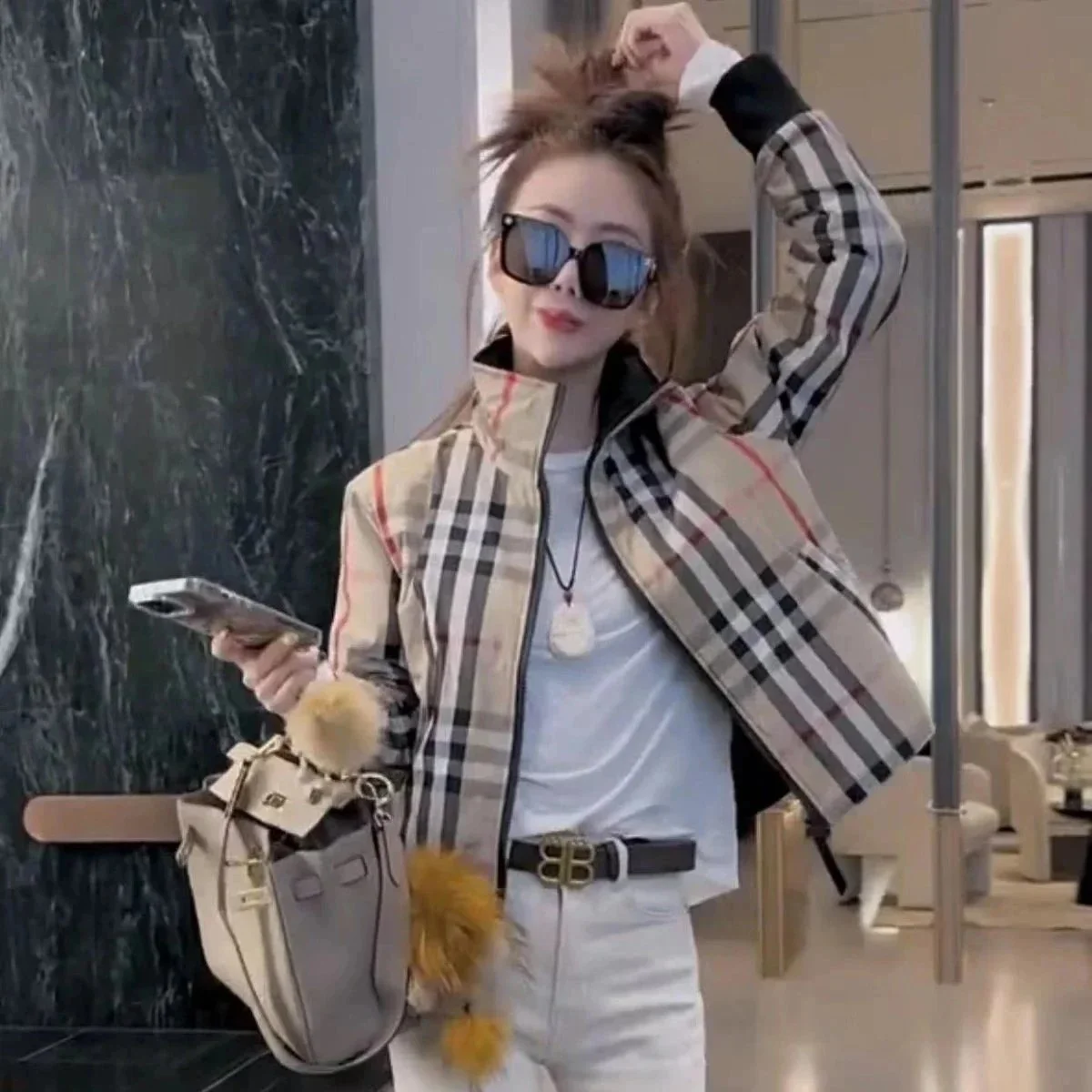 Burberry TB Monogram Plaid Parka Beige