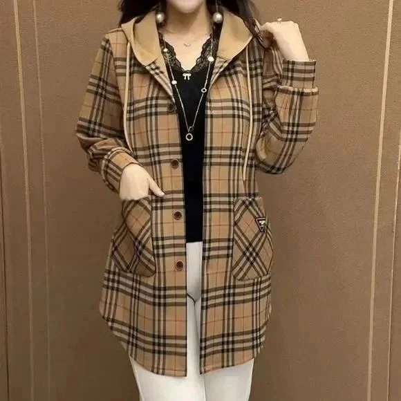 Plaid Hooded Coat in Camel Check