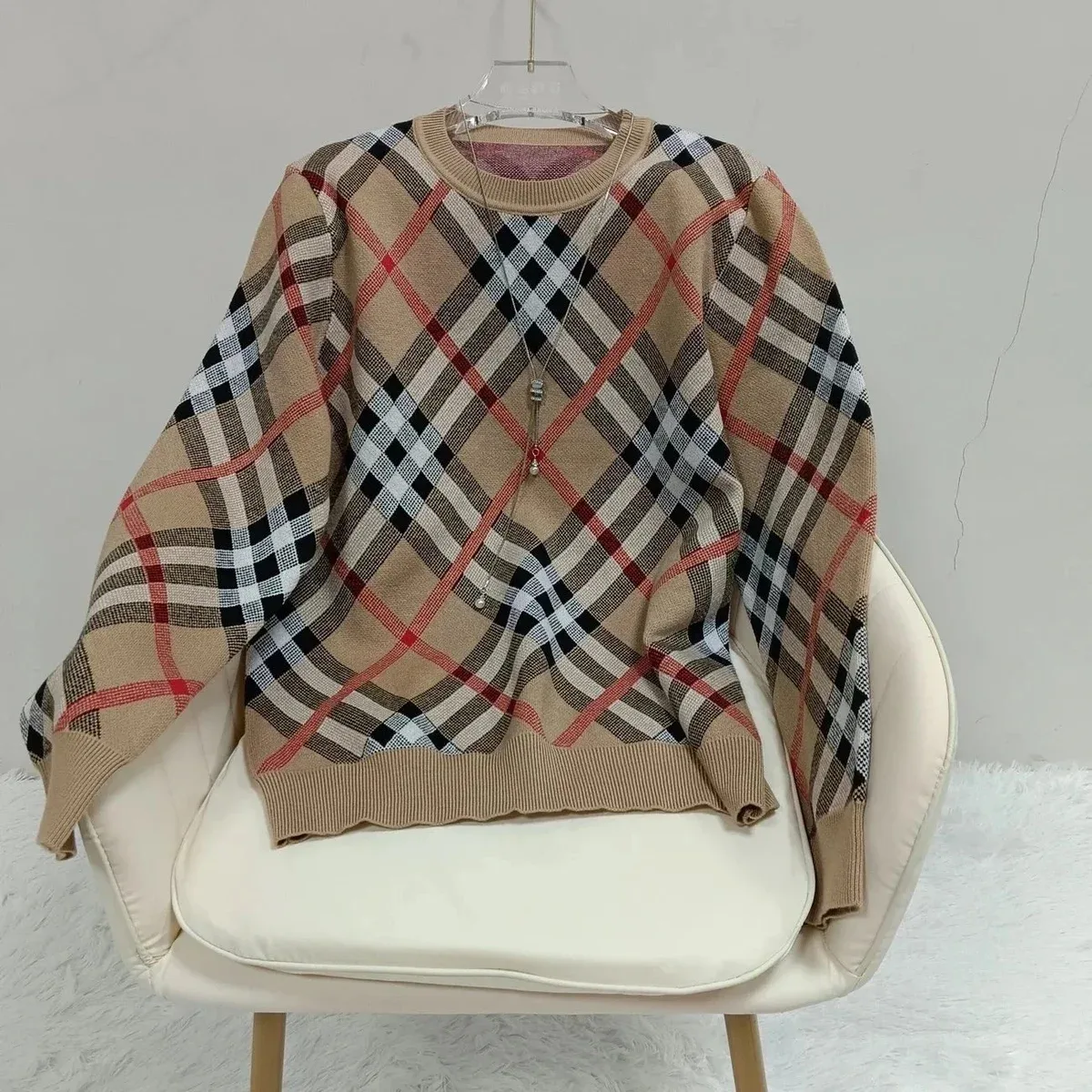 Plaid Knit Sweater Beige/Navy/Cream Casual Top