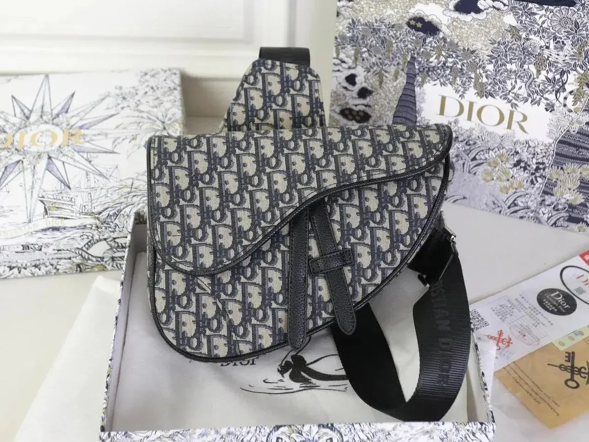 Dior Saddle Monogram Canvas Crossbody Bag Navy/Beige
