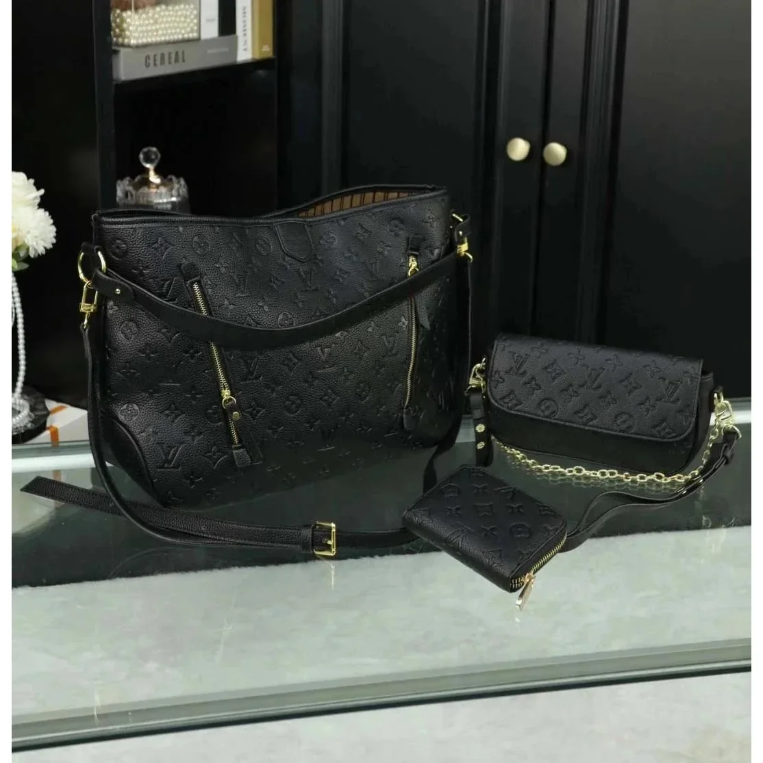 Louis Vuitton Neverfull TH-036 Black Tote Set
