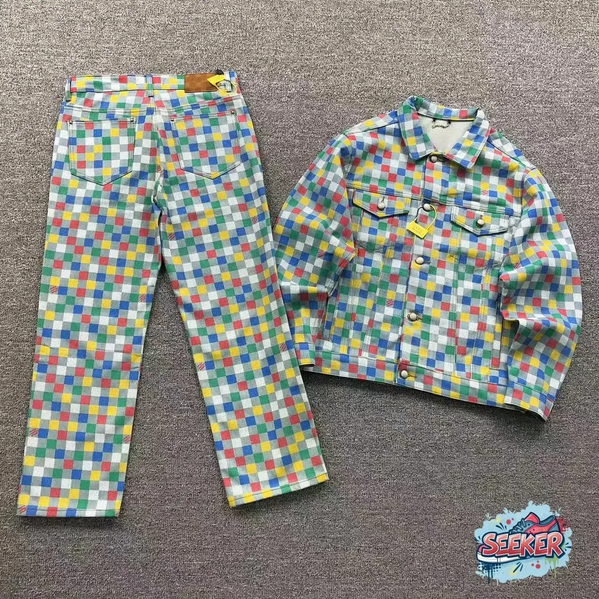 Colorful Checkered Denim Jacket & Jeans Set