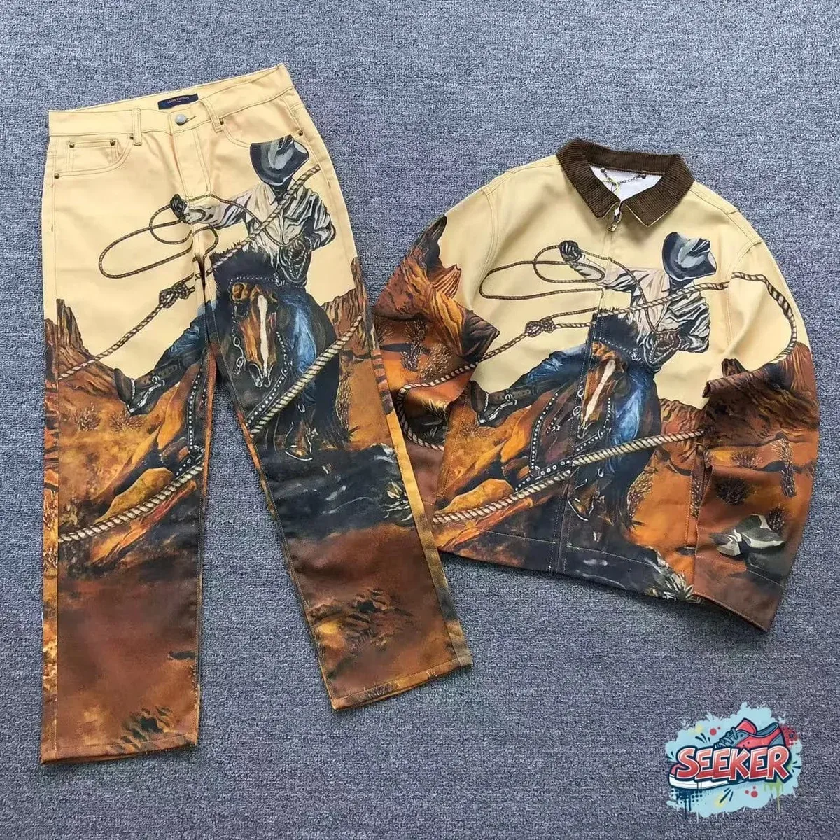 Western Print Jacket & Jeans Set Beige/Blue