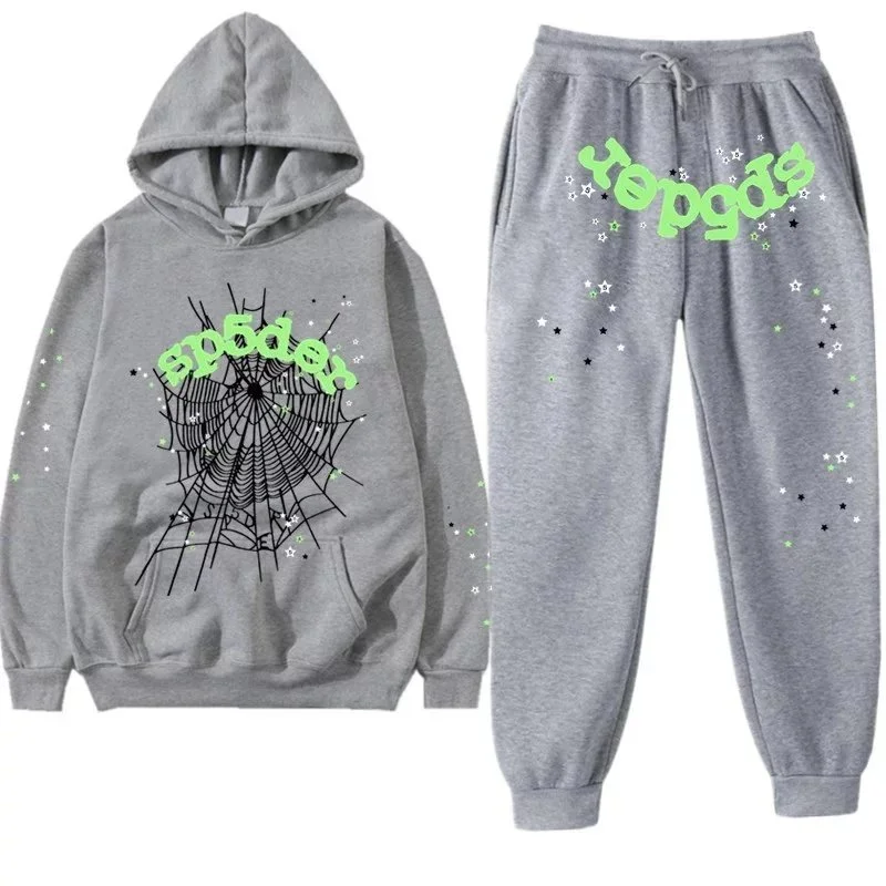 Gray Spider Web Print Tracksuit Set