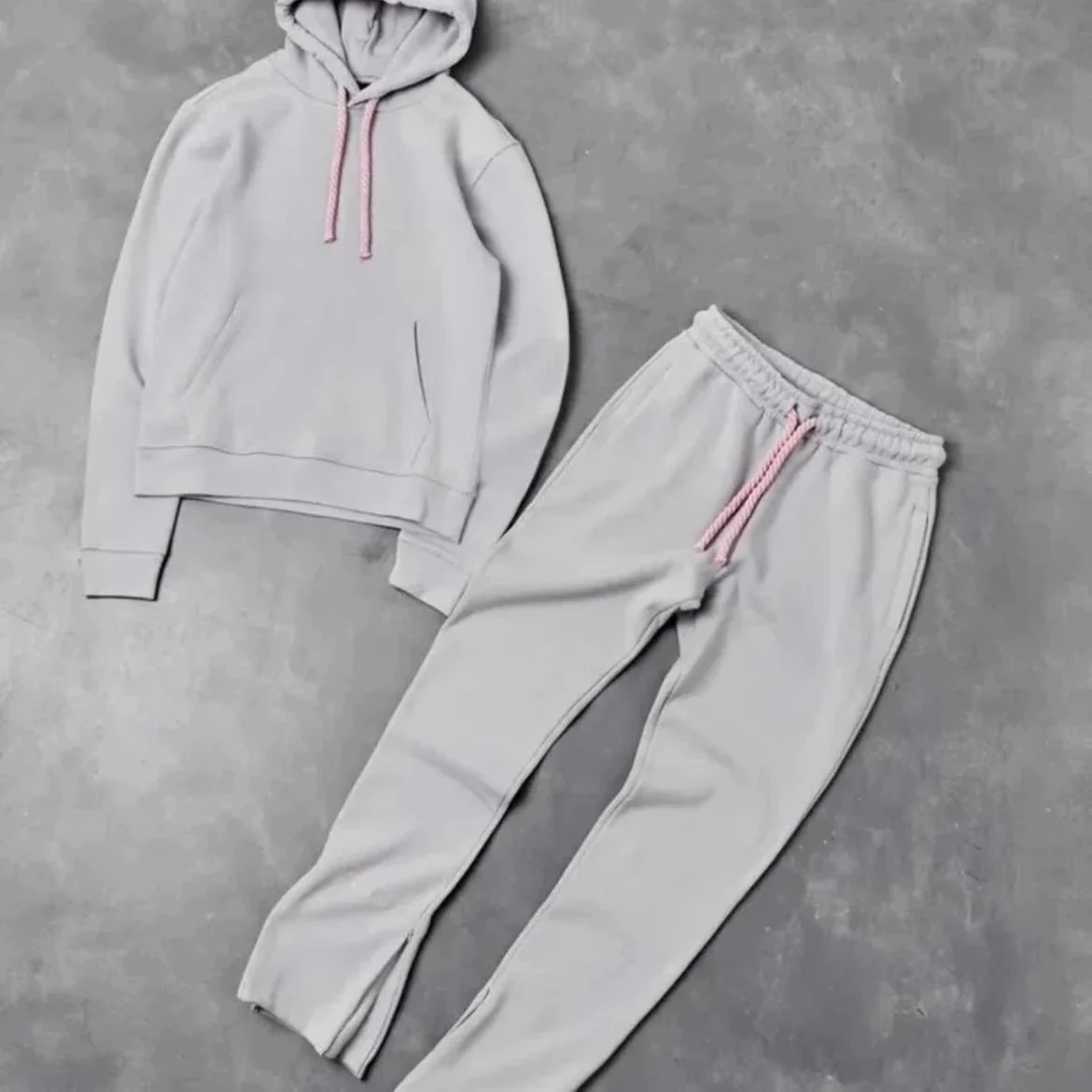 Light Grey Hoodie & Pants Set with Pink Drawstrings