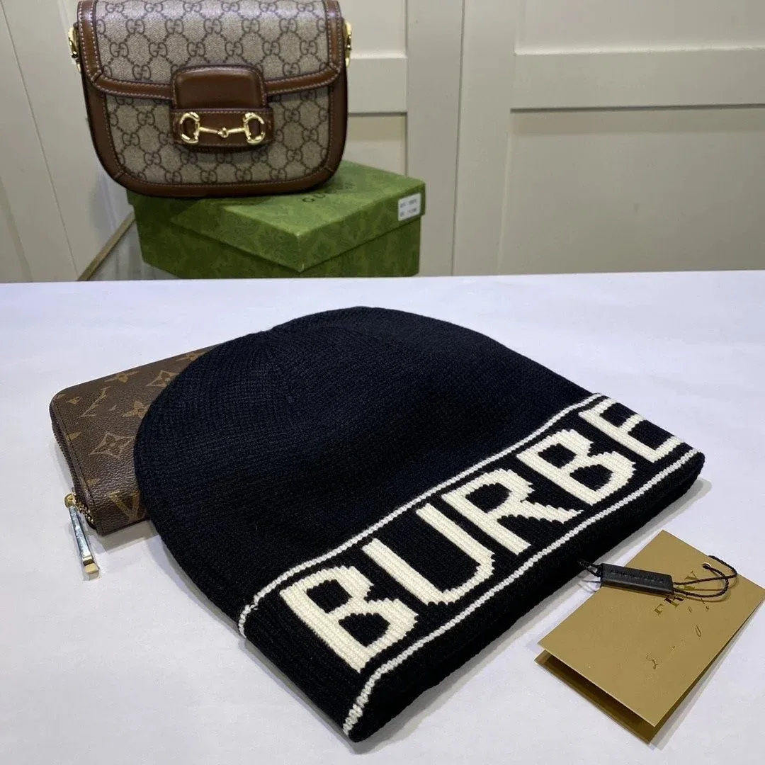 Burberry Beanie Black with White Logo Headwear