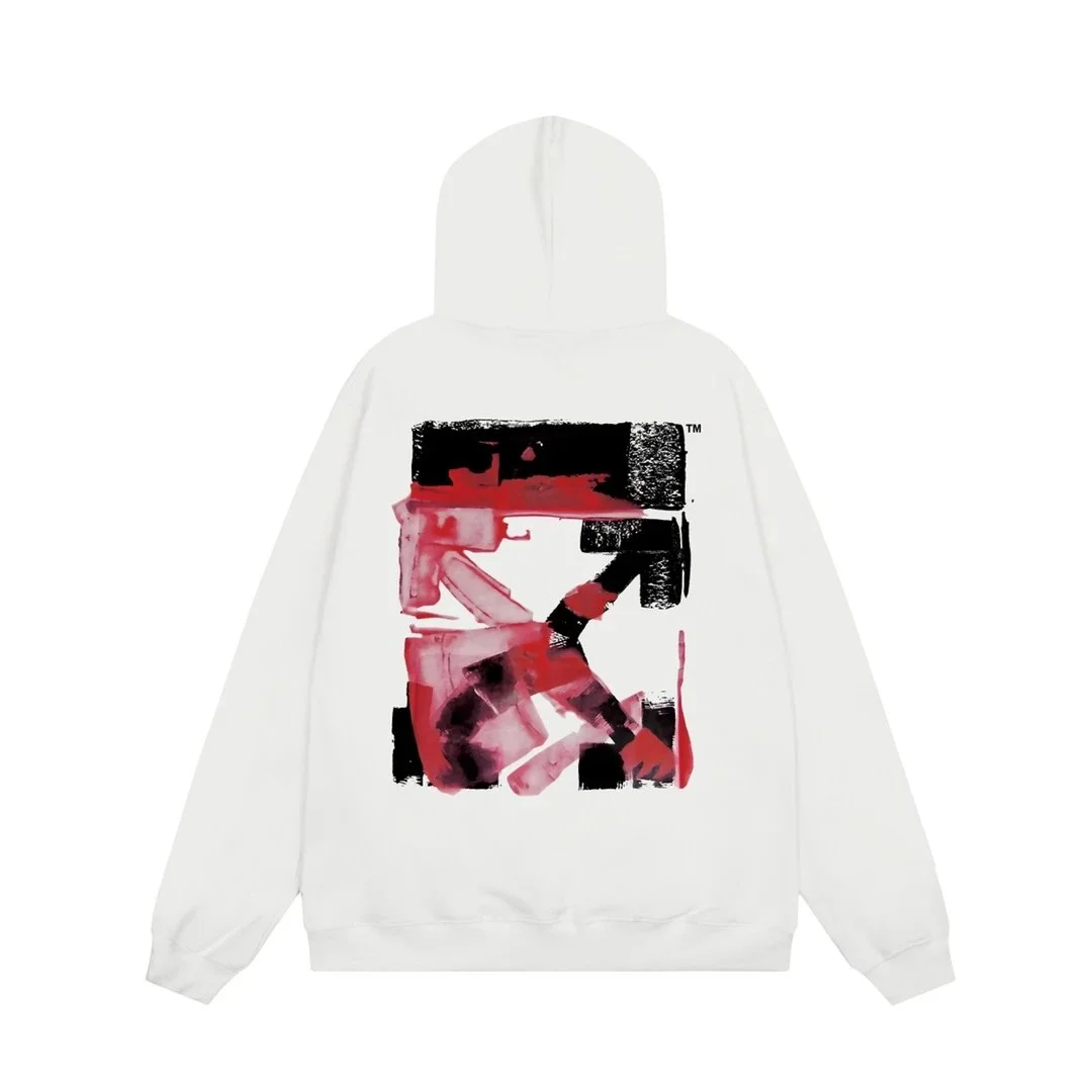 Off-White OW100 White Hoodie with Red & Black Abstract Print