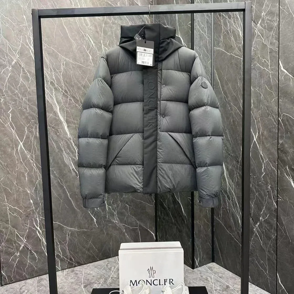 Moncler Vertical Letter Grey Puffer Jacket