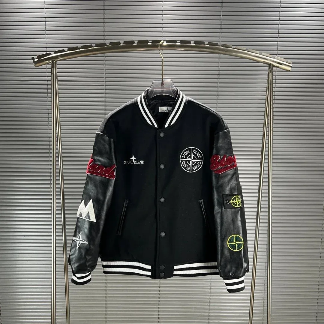 Stone Island 68-15 Black Leather Sleeve Bomber Jacket