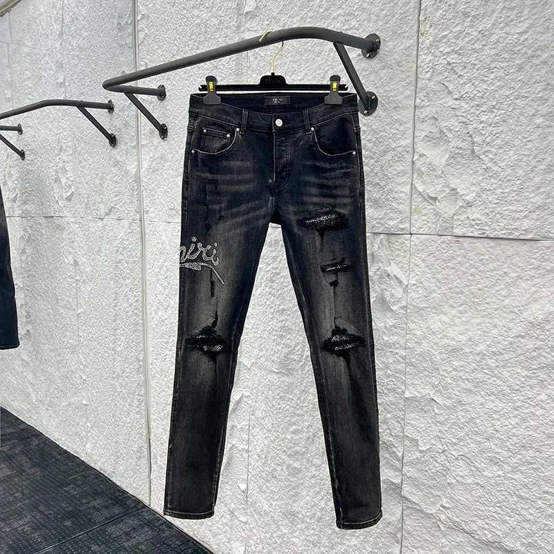 Black Distressed Jeans with Embroidery