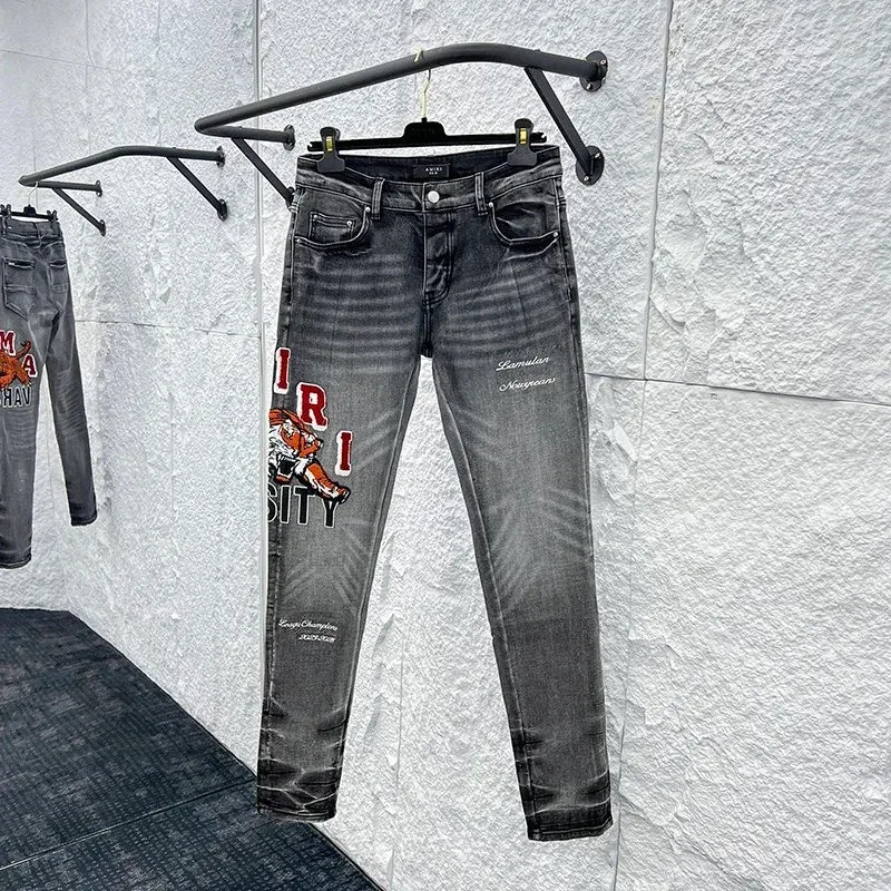 Slim Fit Graphic Jeans in Grey Denim