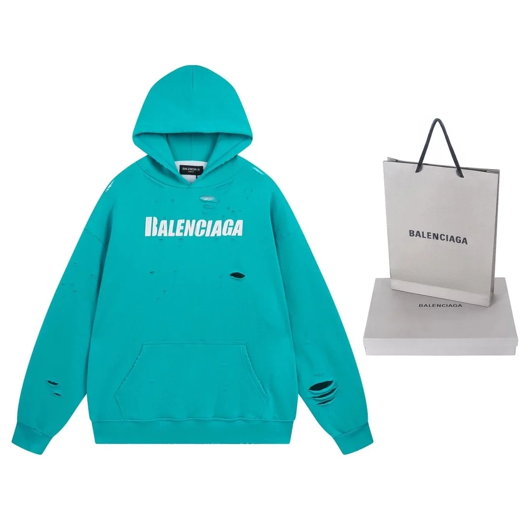 Balenciaga Turquoise Distressed Hoodie