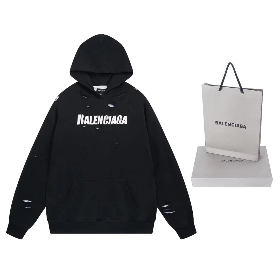 Balenciaga Destroyed Logo Hoodie Black