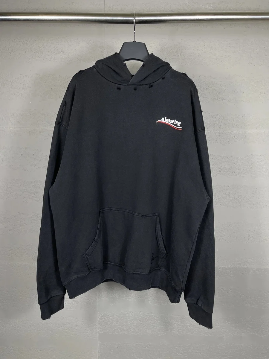 Balenciaga Distressed Hoodie Black Cotton Hooded Sweatshirt