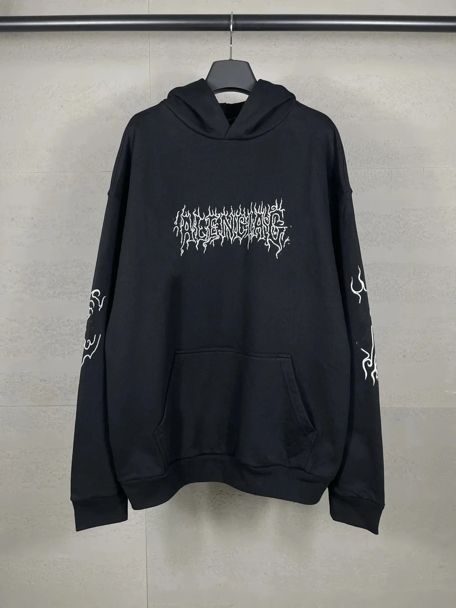 Black 'Defending' Hoodie with Flame Print