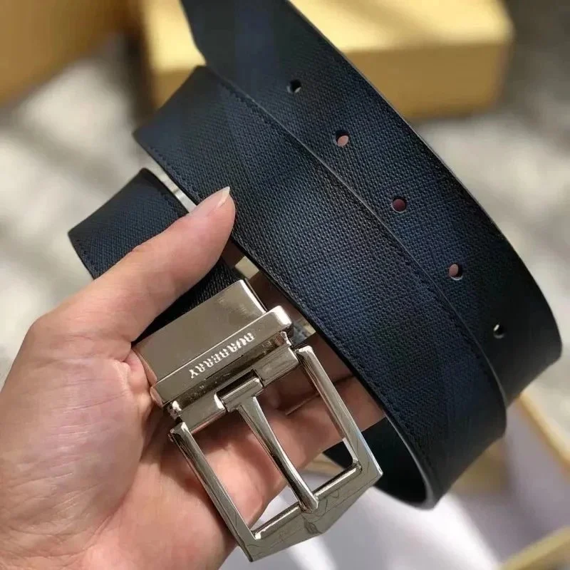 Burberry Navy Leather Belt with Silver Buckle