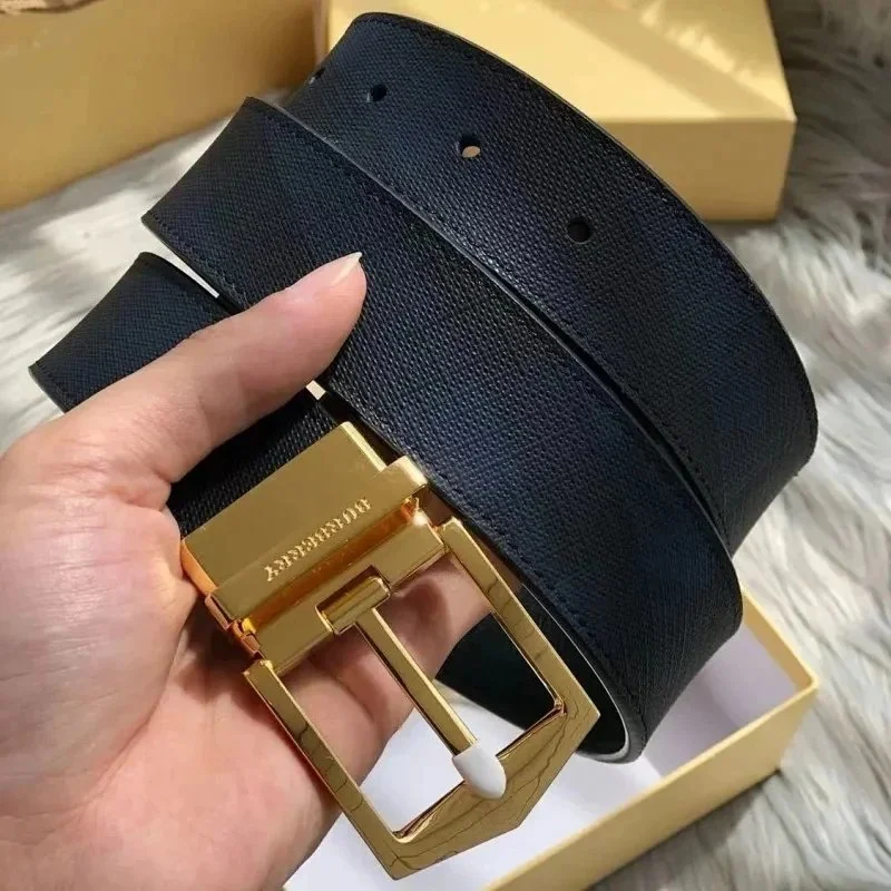 Burberry Navy Leather Belt with Gold Buckle
