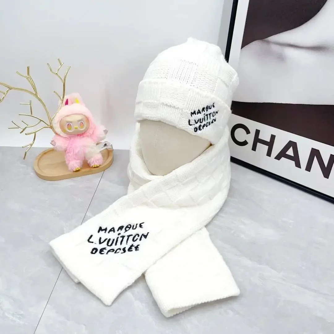 Louis Vuitton White Scarf & Beanie Set