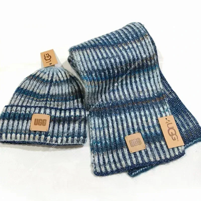 UGG Blue Striped Beanie & Scarf Set