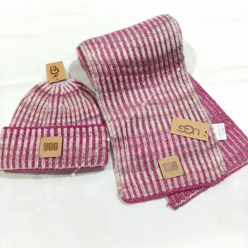 UGG Pink Striped Beanie & Scarf Set