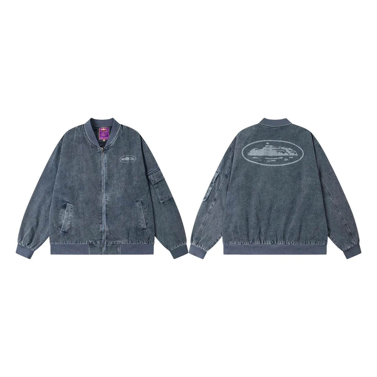 Denim Bomber Jacket with Oval Logo Patch