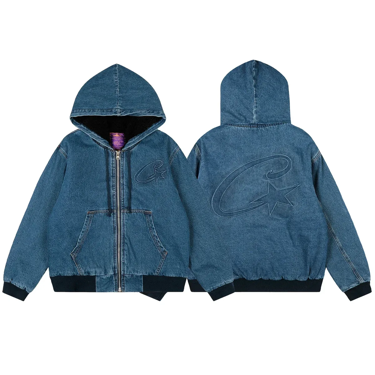 Unisex Denim Hooded Jacket with Star Embroidery