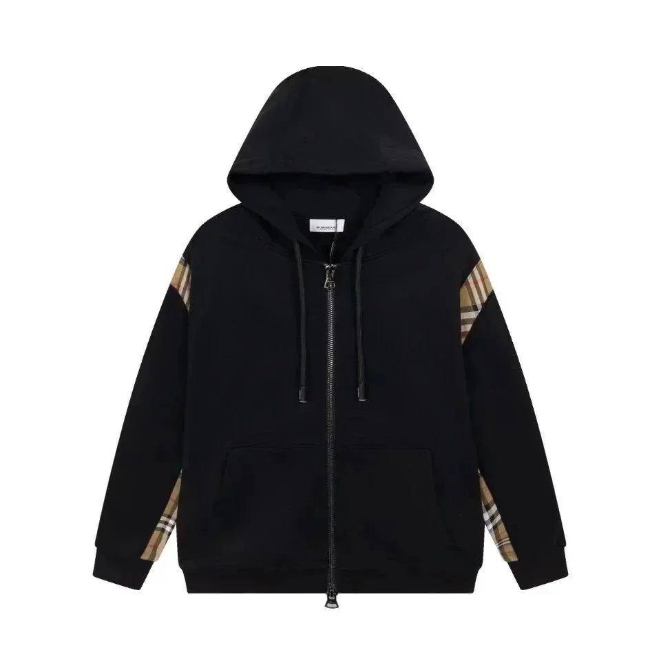 Burberry Black with Checkered Sleeve Zip-Up Hoodie